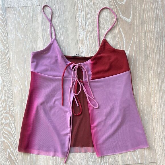 ZARA Tie-Front Layered Chiffon Cami Tank Top Tie-Dye Pink SzL - Picture 1 of 13